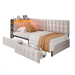 Modfu ČALÚNENÁ posteľ z látky 90x200 cm béžová s LED osvetlením, USB a Typ-C portom, 2 zásuvkami vyobraziť