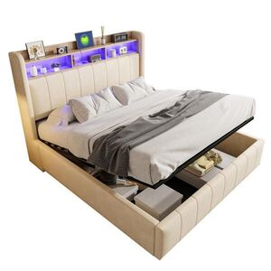 Modfu ČALÚNENÁ posteľ z ľanovej tkaniny 160x200 cm béžová s LED osvetlením, USB a úložným priestorom vyobraziť