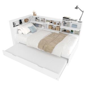 Modfu DETSKÁ posteľ z borovicového dreva 90x200 cm biela s výsuvným lôžkom, USB+Type C a úložným čelom vyobraziť