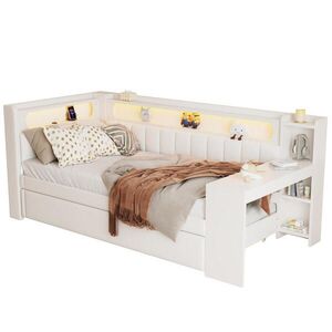 Modfu ČALÚNENÁ posteľ s výsuvným lôžkom 90x200 cm biela z MDF, preglejky a čalúnenia s LED osvetlením, USB a písacím stolom vyobraziť