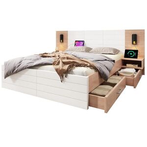 Modfu DVOJLÔŽKOVÁ posteľ z masívneho dreva a MDF 160x200 cm biela a dubová s LED lampou, USB nabíjaním a úložným priestorom vyobraziť