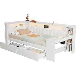 Modfu ČALÚNENÁ posteľ z MDF, preglejky a čalúnenia 90x200 cm biela s LED osvetlením, USB a stolíkom vyobraziť