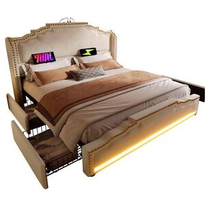 Modfu ČALÚNENÁ posteľ z velúru 160x200 cm béžová s LED osvetlením, USB a USB-C nabíjaním, úložným priestorom vyobraziť