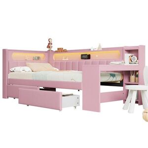 Modfu ČALÚNENÁ posteľ z MDF a preglejky 90x200 cm ružová s LED osvetlením, USB portom, písacím stolom a úložnými zásuvkami vyobraziť