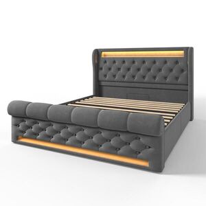 Modfu ČALÚNENÁ posteľ z velúru 140x190 cm sivá s LED osvetlením, USB a USB-C nabíjaním, hydraulickým úložným priestorom vyobraziť