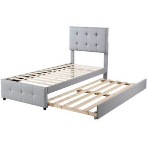 Modfu ČALÚNENÁ posteľ z MDF, kovu a ľanovej tkaniny 90x200 cm sivá s výsuvným lôžkom a nastaviteľným čelom vyobraziť