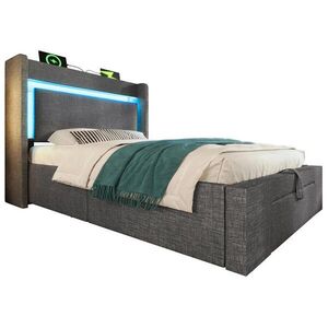 Modfu ČALÚNENÁ posteľ z ľanu 90x200 cm sivá s hydraulickým úložným priestorom, LED a USB/USB-C vyobraziť