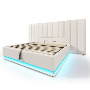 Modfu ČALÚNENÁ posteľ z PU 160x200 cm biela s LED osvetlením, USB-C nabíjaním a hydraulickým úložným priestorom vyobraziť