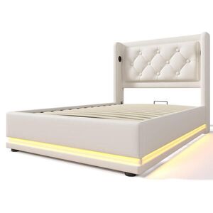 Modfu ČALÚNENÁ posteľ 90x200 cm z PU biela s USB-C nabíjaním, LED osvetlením a hydraulickým úložným priestorom vyobraziť