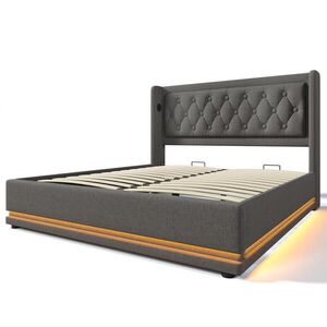 Modfu ČALÚNENÁ posteľ z bavlny 140x200 cm sivá s USB-C, LED osvetlením a hydraulickým úložným priestorom vyobraziť