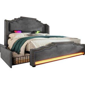 Modfu ČALÚNENÁ posteľ z velúru 140x200 cm sivá s LED osvetlením, USB a Type-C nabíjaním, 4 zásuvkami a úložným priestorom vyobraziť