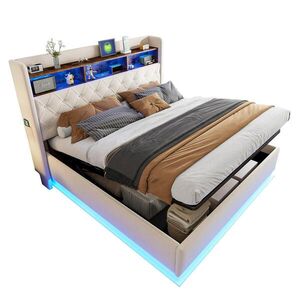 Modfu ČALÚNENÁ posteľ z látky 180x200 cm béžová s LED osvetlením, USB portom a hydraulickým úložným priestorom vyobraziť