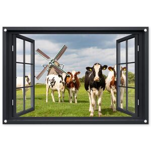 OnlyWow ZÁHRADNÝ PLAGÁT Pohľad - Krava - Mlyn - Kravy - Lúka - Tráva - Zelená 90x60 cm vyobraziť