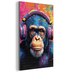 MuchoWow KOVOVÝ OBRAZ Graffiti - Šimpanz - Street art - Slúchadlá - Opica 60x90 cm vyobraziť