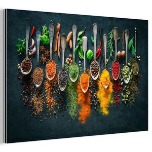 MuchoWow KOVOVÝ OBRAZ Bylinky - korenie - lyžičky 90x60 cm vyobraziť