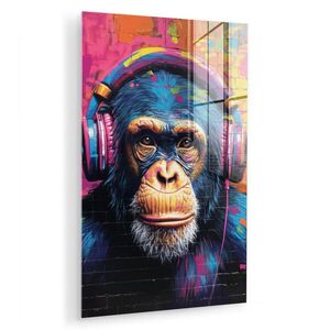 MuchoWow OBRAZ NA AKRYLOVOM SKLE Graffiti - Šimpanz - Street art - Slúchadlá - Opica 40x60 cm vyobraziť