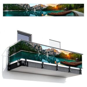 MuchoWow BALKÓNOVÁ ZÁSTENA Jazero - Hory - Západ slnka - Loď 500x80 cm vyobraziť