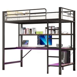OKWISH VYSOKÁ posteľ 90/200 cm čierna z kovu a MDF s písacím stolom policami LED osvetlením USB a zásuvkou vyobraziť