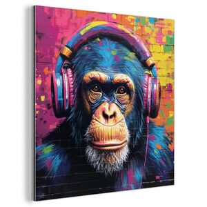 MuchoWow KOVOVÝ OBRAZ Graffiti - Šimpanz - Street art - Slúchadlá - Opica 50x50 cm vyobraziť
