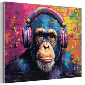 MuchoWow KOVOVÝ OBRAZ Graffiti - Šimpanz - Street art - Slúchadlá - Opica 80x60 cm vyobraziť