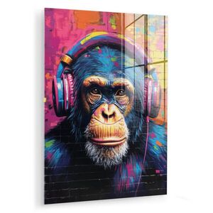 MuchoWow OBRAZ NA AKRYLOVOM SKLE Graffiti - Šimpanz - Street art - Slúchadlá - Opica 60x80 cm vyobraziť