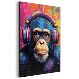 MuchoWow KOVOVÝ OBRAZ Graffiti - Šimpanz - Street art - Slúchadlá - Opica 30x40 cm vyobraziť