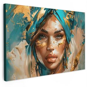 MuchoWow OBRAZ NA PLÁTNE Žena - Portrét - Zlato - Luxus - Modrá 90x60 cm vyobraziť