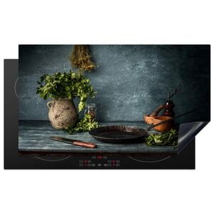 MuchoWow KRYT NA SPORÁK Bylinky - Korenie - Panvica - Nôž - Sivá - Rustikálna 90x52 cm vyobraziť