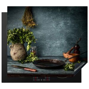 MuchoWow KRYT NA SPORÁK Bylinky - Korenie - Panvica - Nôž - Sivá - Rustikálna 59x52 cm vyobraziť