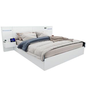 KOMHTOM MANŽELSKÁ POSTEĽ 160x200cm s USB portom, elektronickými hodinami, Bluetooth reproduktorom, farebným svetelným pásikom, biela vyobraziť