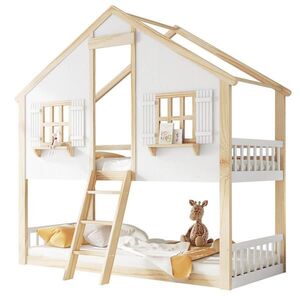 OKWISH POSCHODOVÁ posteľ 90/200 cm biela/prírodná s oknami a strechou z masívneho dreva a MDF vyobraziť