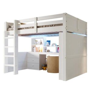 OKWISH VYSOKÁ posteľ 140/200 cm biela z borovice s LED osvetlením písacím stolom a úložným priestorom vyobraziť