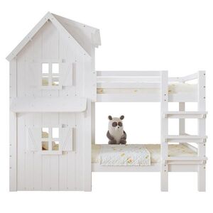 OKWISH POSCHODOVÁ posteľ 90/200 cm biela s oknami a strieškou s bezpečnostnými zábranami z borovice, MDF a preglejky vyobraziť