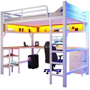 OKWISH VYSOKÁ posteľ 140/200 cm biela z MDF a kovu s písacím stolom policami USB a LED osvetlením vyobraziť