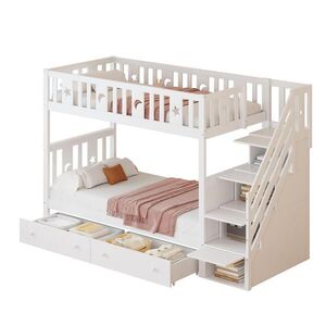 OKWISH POSCHODOVÁ posteľ 90/200 cm biela s úložnými schodmi a 2 zásuvkami z borovicového dreva a MDF vyobraziť