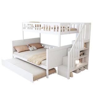 OKWISH POSCHODOVÁ posteľ 90/200 a 140/200 cm biela s úložnými schodíkmi, výsuvným lôžkom a roštami z masívu vyobraziť