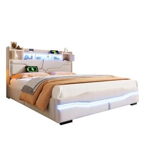 Modfu ČALÚNENÁ posteľ z leinenu a MDF 160x200 cm béžová s LED osvetlením, USB-C a hydraulickým úložným priestorom vyobraziť