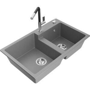 MEXEN/S - Tomas granitový drez 2-bowl vrátane batérie Flora, šedá 6516-71-670401-07 vyobraziť