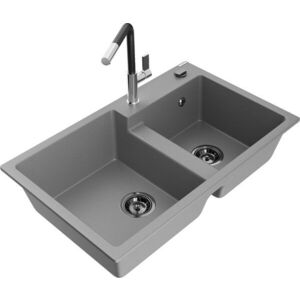 MEXEN/S - Tomas granitový drez 2-bowl vrátane batérie Flora, šedá 6516-71-670401-07-B vyobraziť
