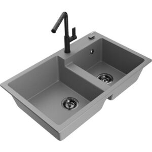 MEXEN/S - Tomas granitový drez 2-bowl vrátane batérie Flora, šedá 6516-71-670401-70-B vyobraziť