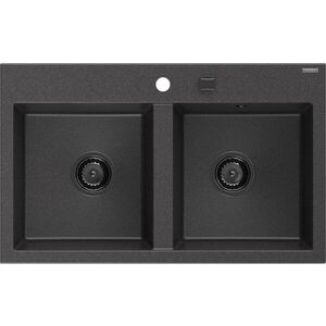 MEXEN/S - Hektor granitový drez 2-bowl 800 x 480 mm, čierna kropenatá, čierny sifón 6521802000-76-B vyobraziť