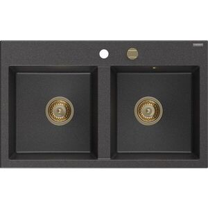 MEXEN/S - Hektor granitový drez 2-bowl 800 x 480 mm, čierna kropenatá, zlatý sifón 6521802000-76-G vyobraziť