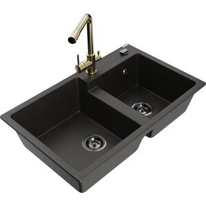 MEXEN/S - Tomas granitový drez 2-bowl vrátane batérie Duero, čierna/zlatá metalik 6516-75-671600-50-B vyobraziť