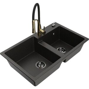 MEXEN/S - Tomas granitový drez 2-bowl vrátane batérie Aster, čierna/zlatá metalik 6516-75-73450-57-B vyobraziť