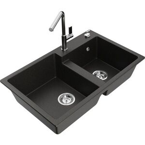 MEXEN/S - Tomas granitový drez 2-bowl vrátane batérie Flora, čierna/zlatá metalik 6516-75-670401-00 vyobraziť