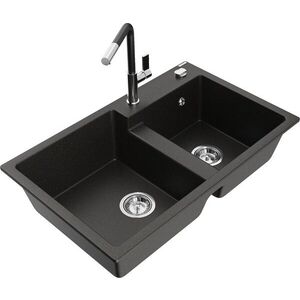 MEXEN/S - Tomas granitový drez 2-bowl vrátane batérie Flora, čierna/zlatá metalik 6516-75-670401-07 vyobraziť