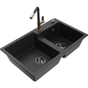 MEXEN/S - Tomas granitový drez 2-bowl vrátane batérie Flora, čierna/zlatá metalik 6516-75-670401-57-B vyobraziť