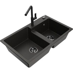 MEXEN/S - Tomas granitový drez 2-bowl vrátane batérie Flora, čierna/zlatá metalik 6516-75-670401-70-B vyobraziť