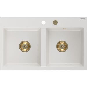 MEXEN/S - Hektor granitový drez 2-bowl 800 x 480 mm, biela, zlatý sifón 6521802000-20-G vyobraziť