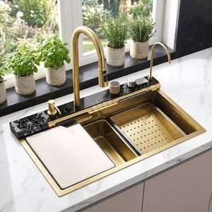 REA - Multifunkčný oceľový drez 10 v 1 Alonzo Brush Gold ZLE-06419 vyobraziť